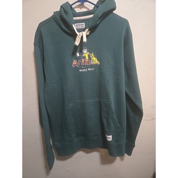 Life Is Good Hoodie Mens Mediu Green Logo Pullover Fleece Happy Hour Camping NEW - Picture 2 of 12